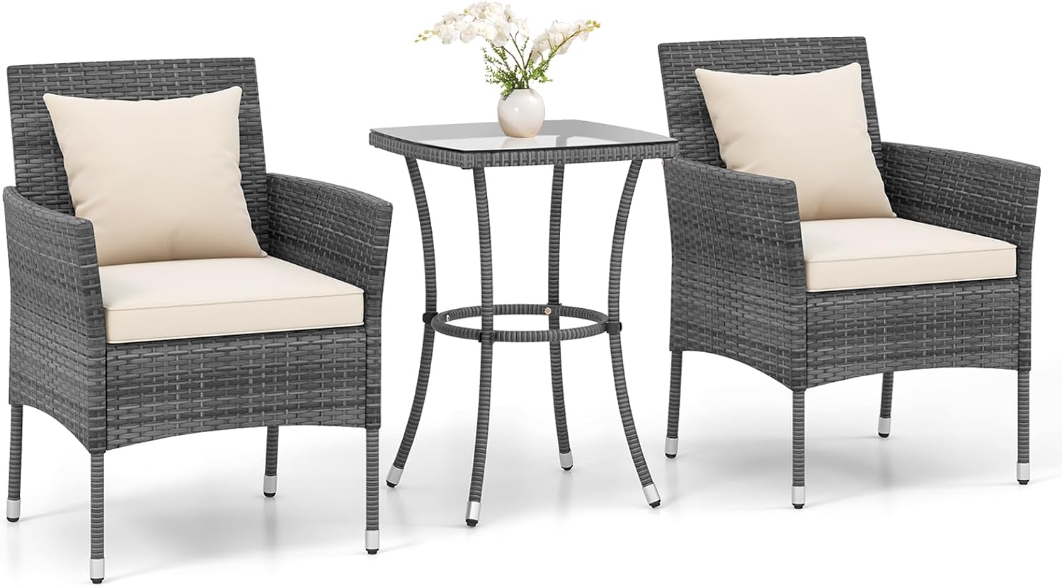 RELAX4LIFE 3-Piece Patio Furniture Set - Rattan Wicker Outdoor Furniture w/Cushions & Tempered Glass Coffee Table, Small Conversation Bistro Table and Chairs Set of 2 for Garden Porch Balcony (Beige)