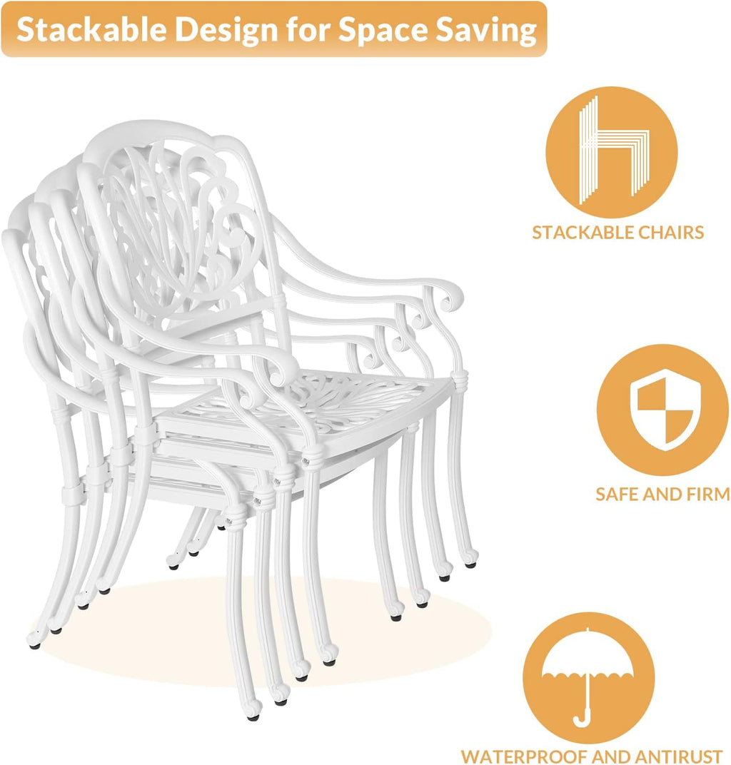 5-Piece Outdoor Patio Dining Set, All-Weather Cast Aluminum Patio Furniture Set for Backyard Garden Deck with 4 Chairs, 4 Cushions and 35.4' Round Table, 2.2' Umbrella Hole, White