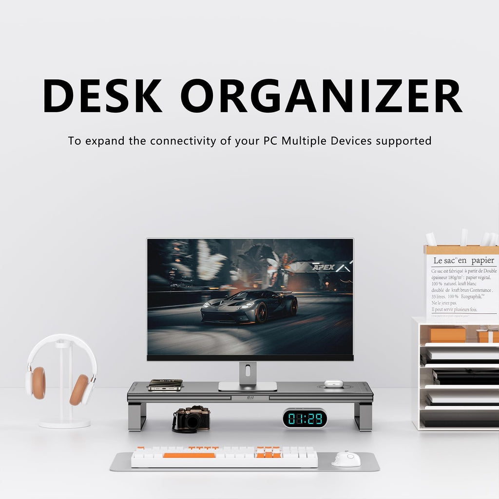 Monitor Stand with Docking Station, Aluminum Monitor Riser with 6-in-1 Docking Station: 4K HDMI, USB-C, USB 3.0, PD 100W, Wireless Charging,Metal Desk Stand with Storage-Silver Gray