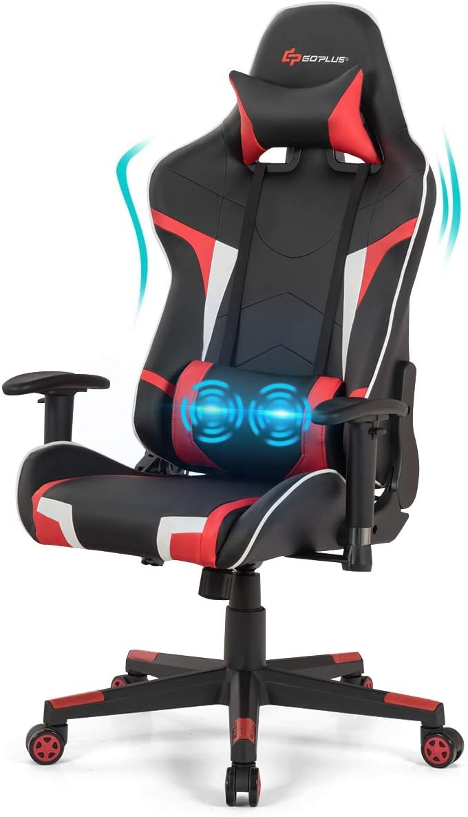 POWERSTONE Gaming Chair - Office Computer Gaming Racing Chair with Lumbar Massager Support PU Leather Adjustable Arms Headrest High-Back Recliner Ergonomic Rolling Swivel (Red)