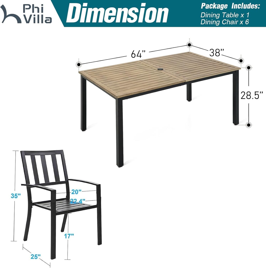 PHI VILLA 7 Pieces Outdoor Dining Set for 6, 65' Brown Wood-Like Metal Steel Dining Table & Stackable Black Iron Chairs, Large Outside Furniture Set for Patio, Deck, Yard, Porch