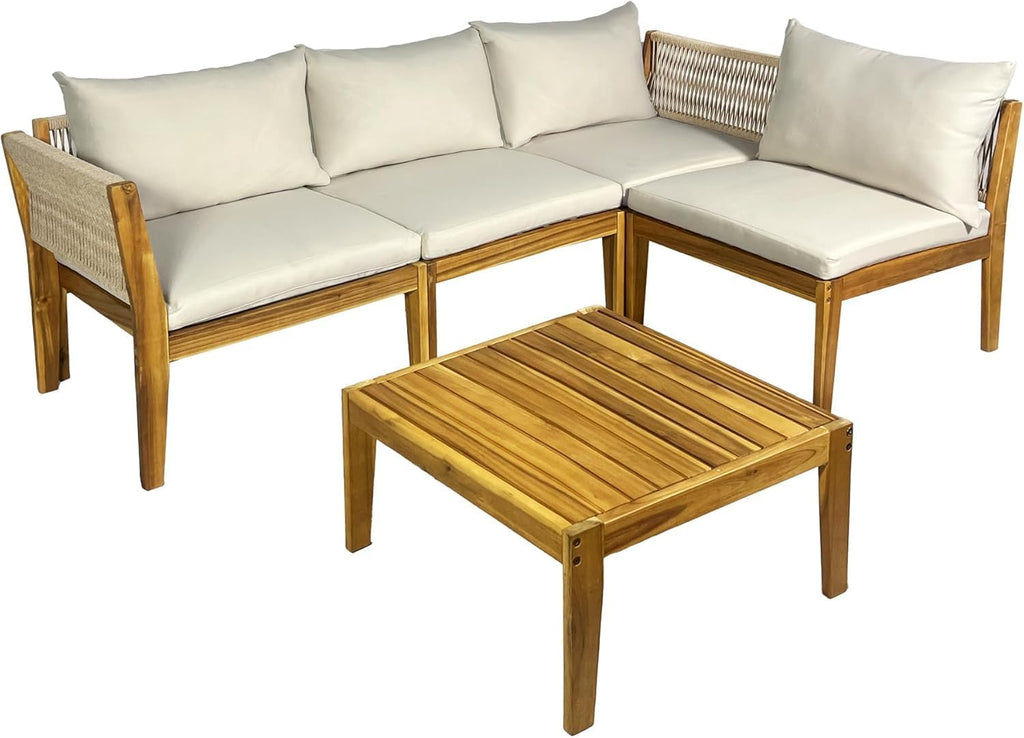 5-Piece Acacia Wood Outdoor Patio Furniture Set, Modern Conversational Chat Set with Water-Resistant Cushions, Space-Saving Sectional Sofa for Small Balcony, Deck, Backyard, Natural Brown