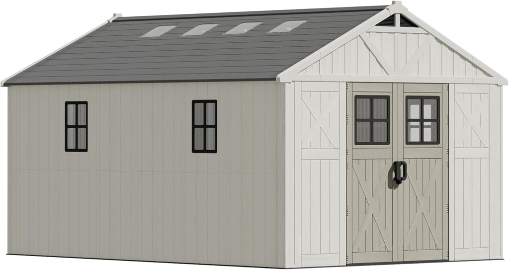Devoko 10x14 FT Resin Plastic Outdoor Storage Shed with Windows & Floor, Beige