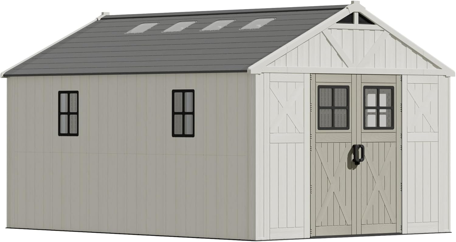 Devoko 10x14 FT Resin Plastic Outdoor Storage Shed with Windows & Floor, Beige