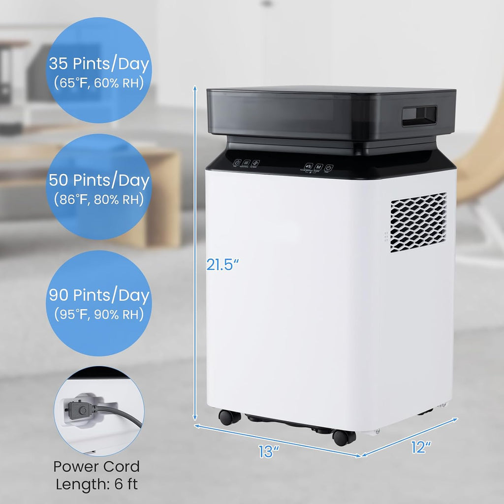 ARLIME 90 Pint Dehumidifier for Basement, 6000 Sq. Ft Energy Efficient Dehumidifier for Home w/Continuous & Auto Mode, 2.2 Gallon Large Water Tank, Auto or Manual Drainage & 4 Wheels (90 Pint), White