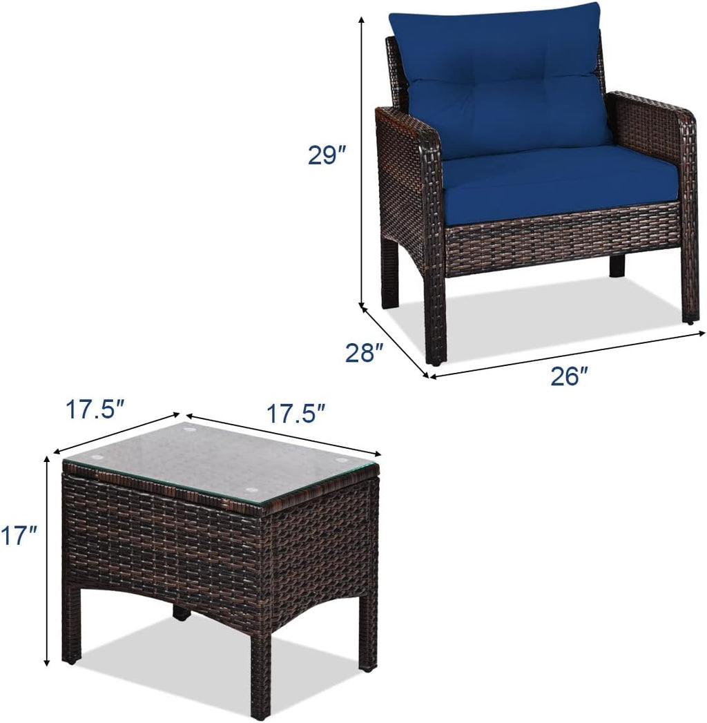 COSTWAY 3PCS Patio Furniture Set, Outdoor Wicker Cushioned Sofa Set with Coffee Table, All Weather Rattan Conversation Set for Garden Balcony Backyard Poolside Lawn, Navy
