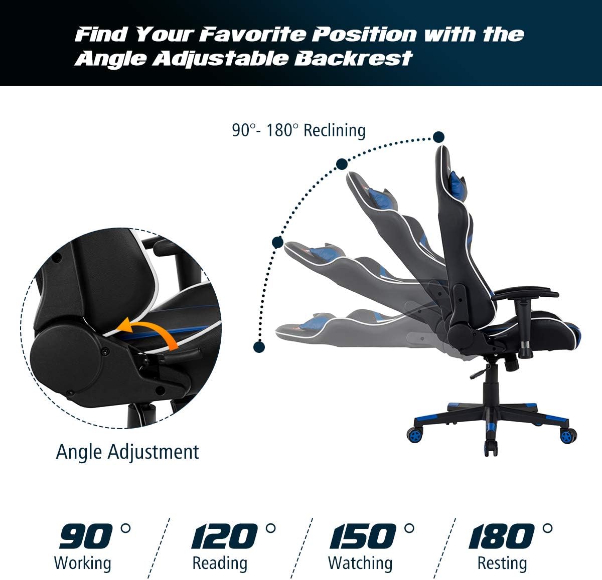 POWERSTONE Gaming Chair - Office Computer Gaming Racing Chair with Lumbar Massager Support PU Leather Adjustable Arms Headrest High-Back Recliner Ergonomic Rolling Swivel (Blue)