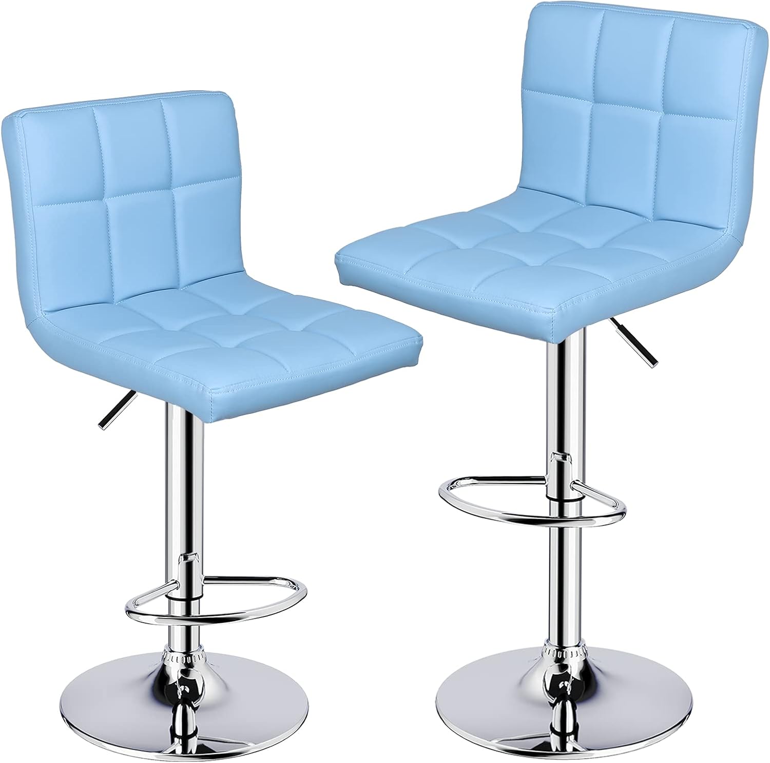 Leopard Bar Stools, Modern PU Leather Adjustable Swivel Bar Stool with Back, Set of 2 (Light Blue)