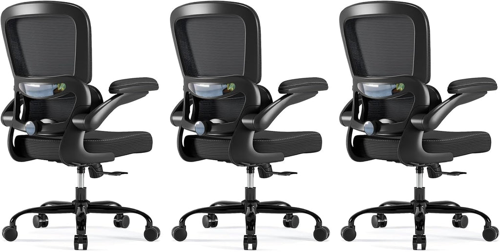 TRALT Ergonomic Office Chair - Desk Chair with Adjustable Headrest Lumbar Support Computer Chair - Mesh Comfy Chair with Flip-up Armrests - Gaming Chair for Adults Home Office PU, Black, Pack of 3