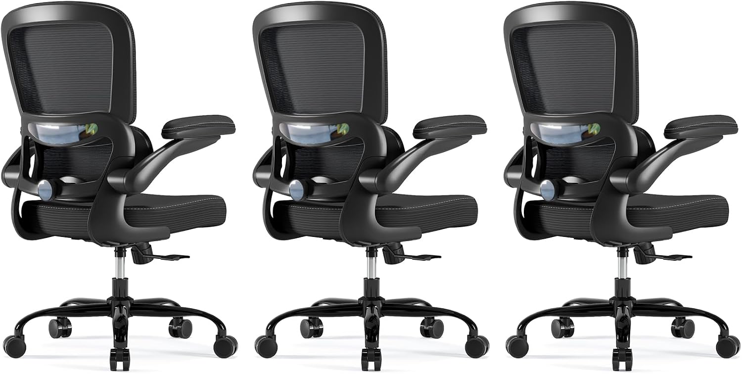 TRALT Ergonomic Office Chair - Desk Chair with Adjustable Headrest Lumbar Support Computer Chair - Mesh Comfy Chair with Flip-up Armrests - Gaming Chair for Adults Home Office PU, Black, Pack of 3