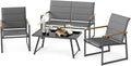 Tangkula 4 Piece Patio Furniture Set, Outdoor Metal Conversation Set with Padded Fabric Seat & Wood-Plastic Armrests, Sectional Sofa Set with Tempered Glass Coffee Table for Backyard, Porch (Gray)