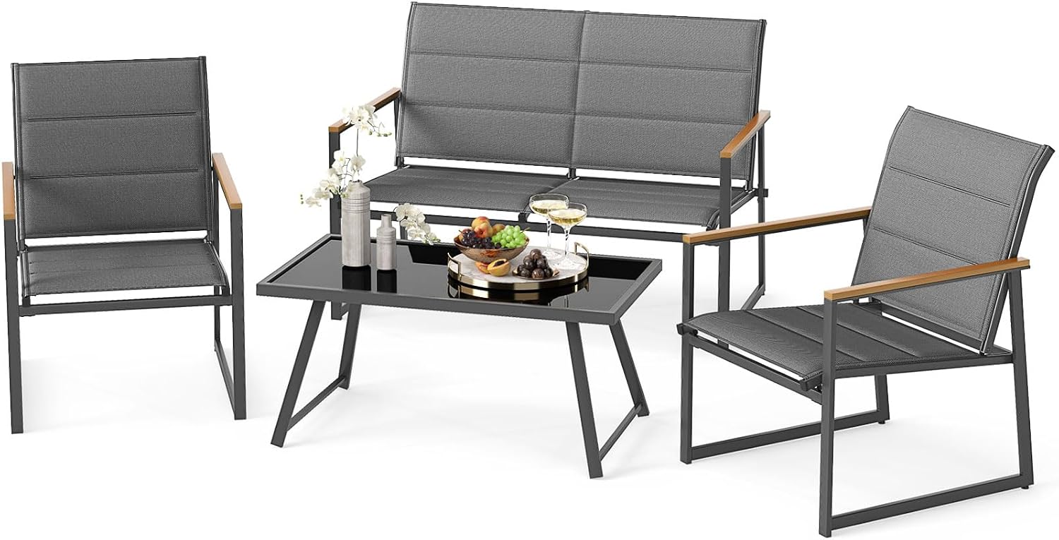 Tangkula 4 Piece Patio Furniture Set, Outdoor Metal Conversation Set with Padded Fabric Seat & Wood-Plastic Armrests, Sectional Sofa Set with Tempered Glass Coffee Table for Backyard, Porch (Gray)
