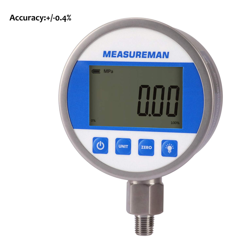 MEASUREMAN 4' dial, High Precision Hydraulic Industrial Digital Pressure Gauge 0-10000psi/bar, 1/4' NPT Lower, Stainless Steel Case and Connection, 0.4%,Battery and Micro USB Powered, with LED Light