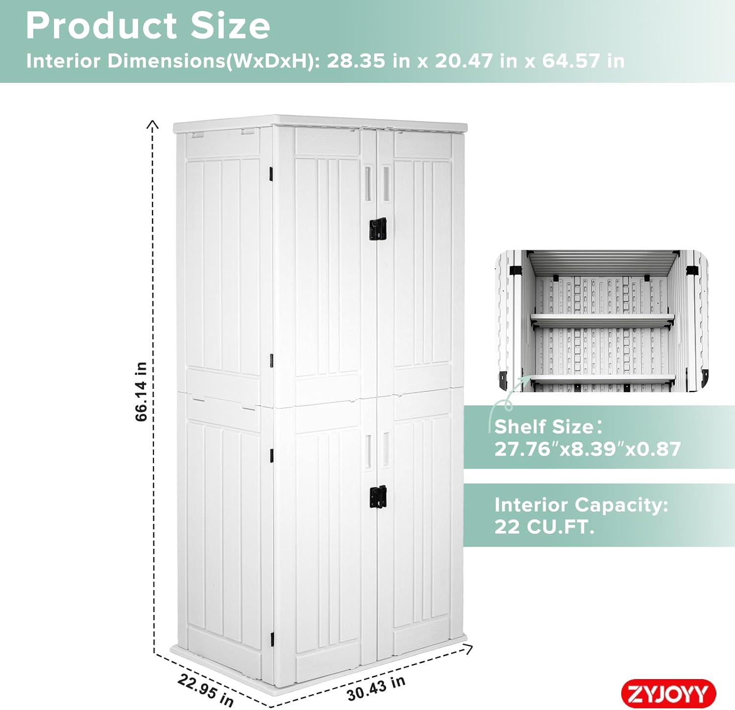 ZYJOYY Outdoor Storage Cabinet with 4 Shelves, 31.5' x 23.23' x 66.22' White Waterproof Resin Vertical Tool Shed, Lockable 30 cu.ft. Storage Shed for Patio, Garden, Yard