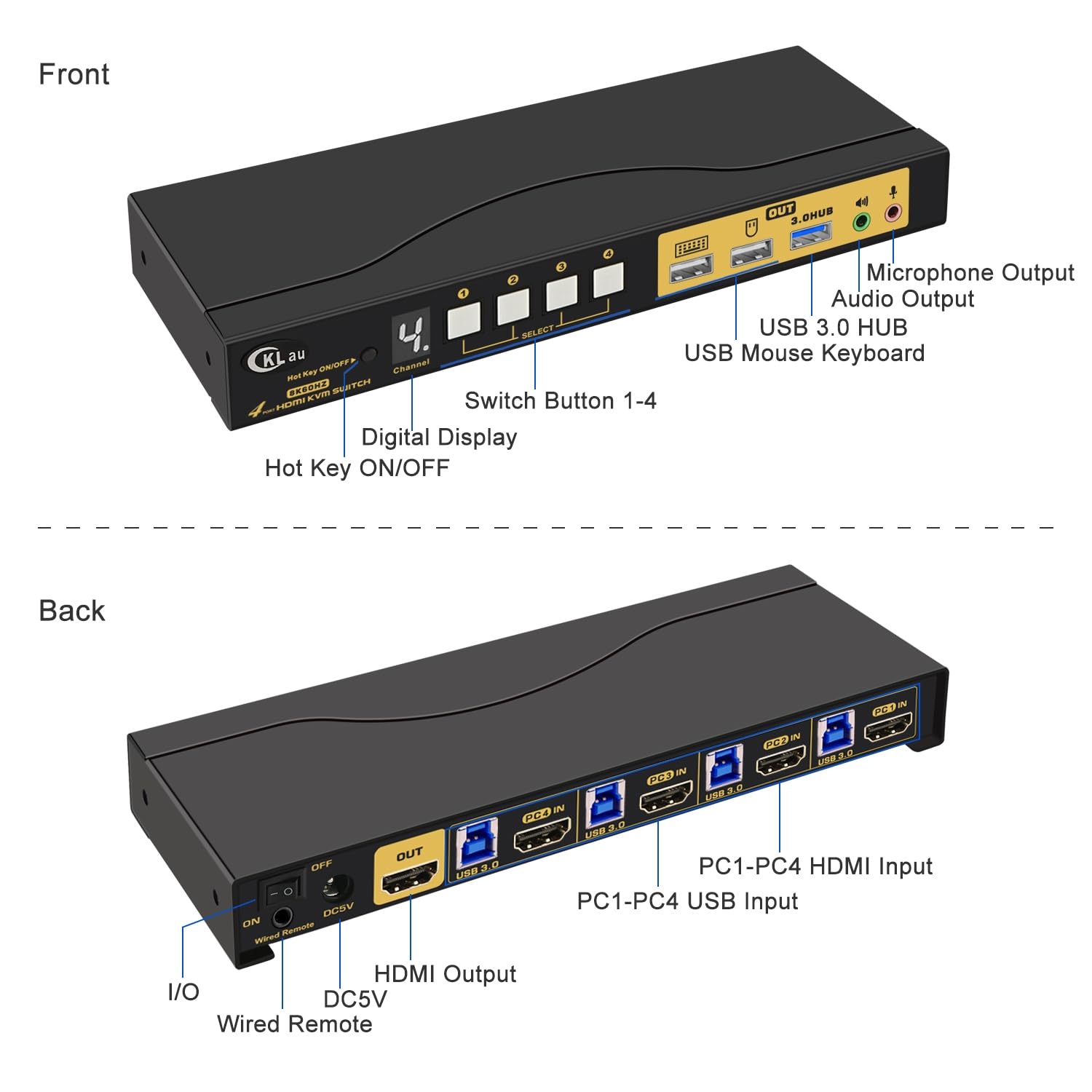 4 Port KVM HDMI Switch with Audio, USB 3.0 Hub, Black, Push Button Actuator, Manual Operation