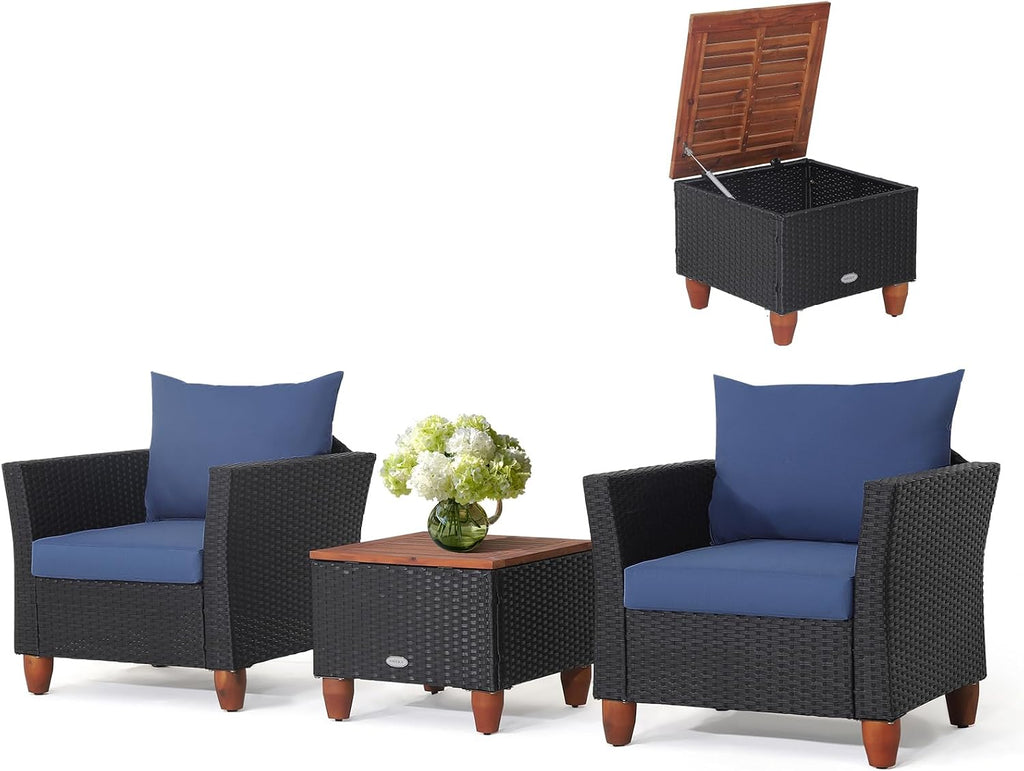 COSTWAY 3 Pieces Patio Rattan Furniture Set, Outdoor Wicker Conversation Chairs Set with Acacia Wood Coffee Table & Washable Cushion, Porch Furniture Bistro Set for Balcony, Garden, Backyard, Navy