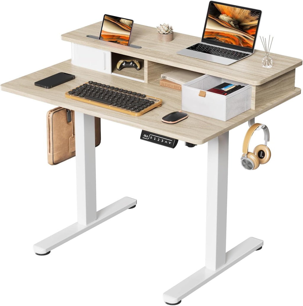 JOY worker Small Electric Standing Desk, 35' x 25' Height Adjustable Desk with Built-in Monitor Stand & Storage Drawer, White Sit Stand Desk with 2 Hooks for Home Office, Light Walnut