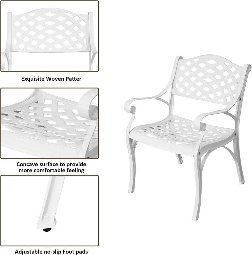 3 Piece Outdoor Dining Set,Cast Aluminum Bistro Set with Umbrella Hole, All Weather Patio Furniture Set, Small Patio Dining Set for Garden/Balcony/Deck, White