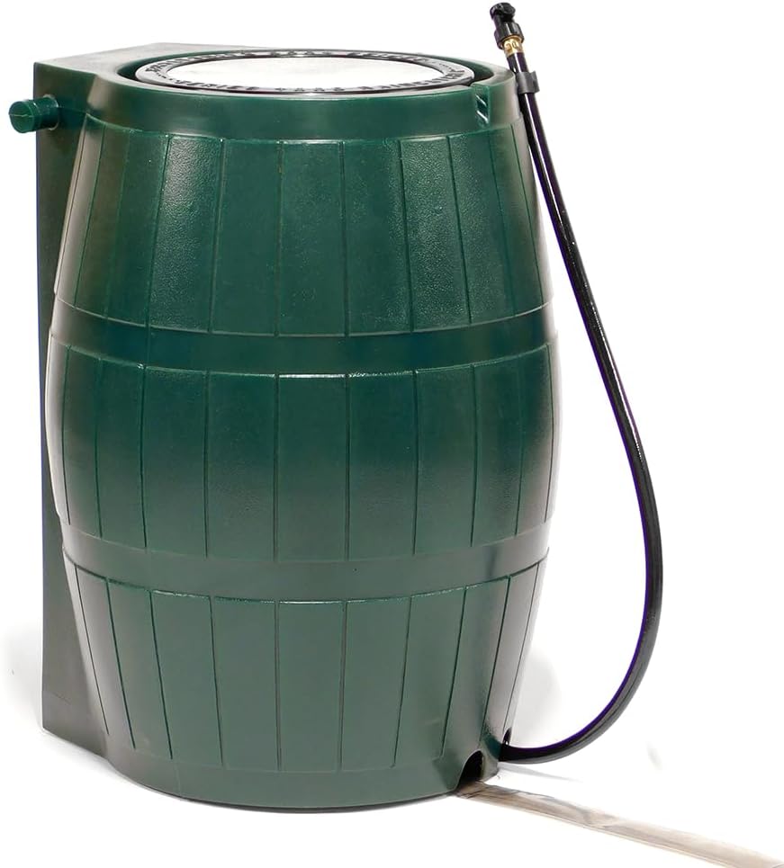 FCMP Outdoor Raincatcher 4000 Rain Barrel, Flat-Back Rainwater Catcher with Spigots, 50 Gallon, Green - Portable Water Storage Container Tank for Home, Garden, and Backyard