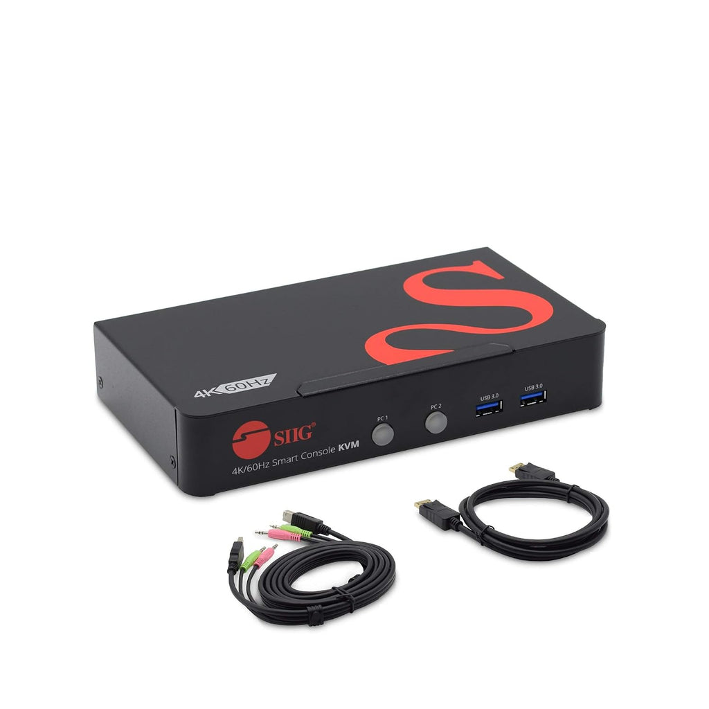 SIIG 4K DisplayPort 2-Port KVM Switch with Audio and Microphone, DP 1.2 4K60, USB 3.0 x4, USB 2.0 x2, Cables Included, Hotkey Control, TAA Compliant, ESD Protection, Metal housing (CE-DP0F11-S1)