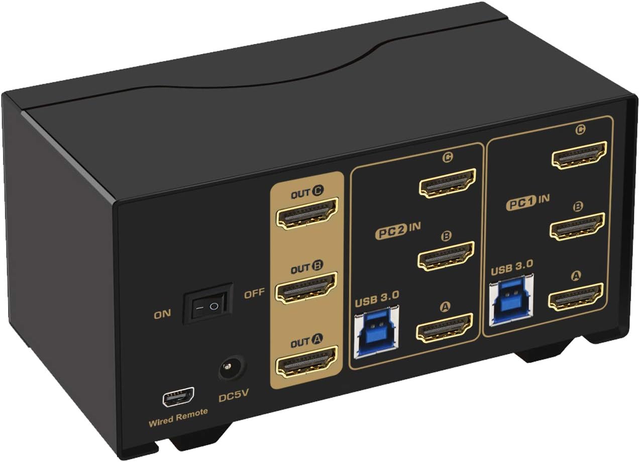 CKL USB 3.0 HDMI KVM Switch Triple Monitor 2 Port Extended Display 4K 60Hz with Cables and Audio 923HUA-3