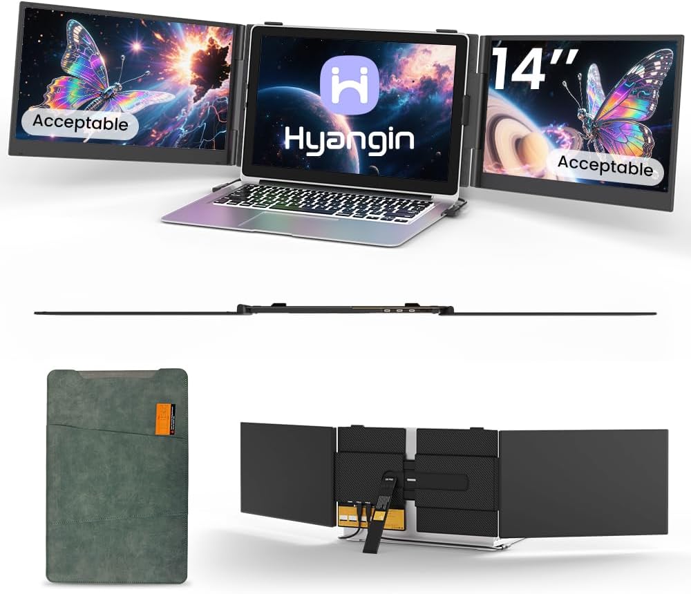 Used Acceptable Triple Laptop Screen Extender 14-inch, 2026 Upgraded Ultra-Slim 1080P FHD Displays for Laptop, Ultra-Light Triple Monitor for 13.3-17.3' Laptops, Compatiable with Windows/Mac/Chrome OS
