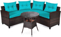 HAPPYGRILL 4 Pieces Patio Furniture Set Outdoor Rattan Wicker Conversation Set with Cushioned Sofas and Coffee Table, L-Shape Sectional Curved Sofa Set for Garden Poolside Balcony