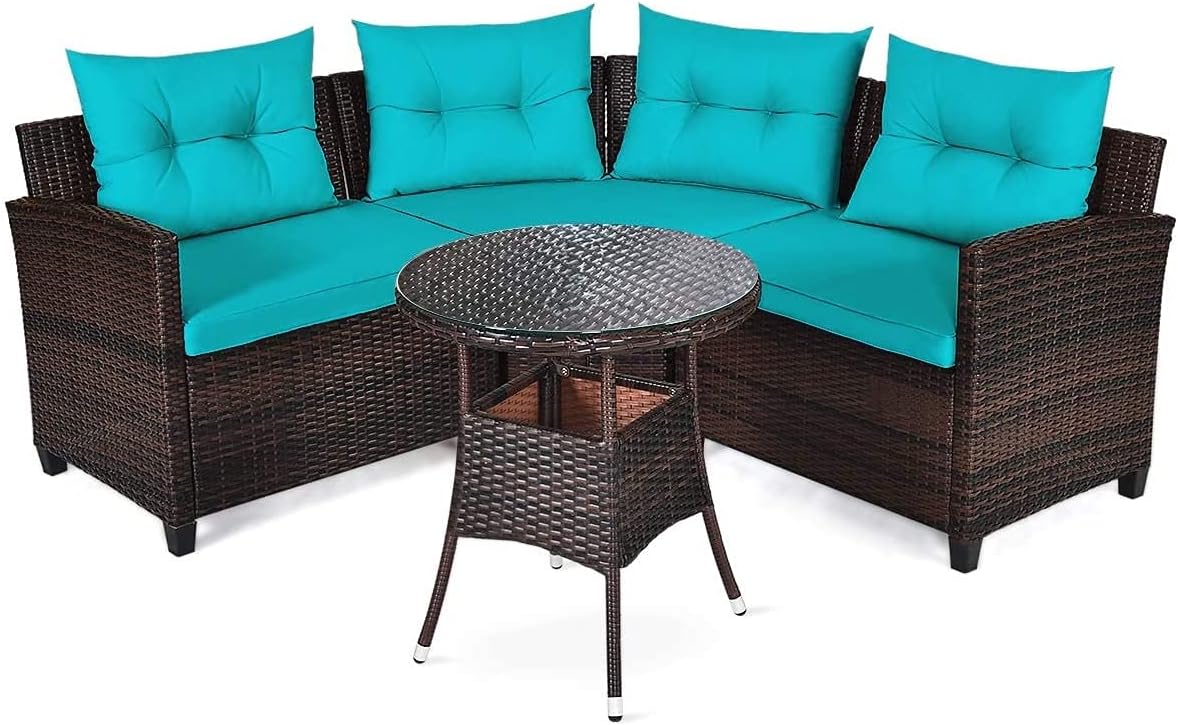 HAPPYGRILL 4 Pieces Patio Furniture Set Outdoor Rattan Wicker Conversation Set with Cushioned Sofas and Coffee Table, L-Shape Sectional Curved Sofa Set for Garden Poolside Balcony