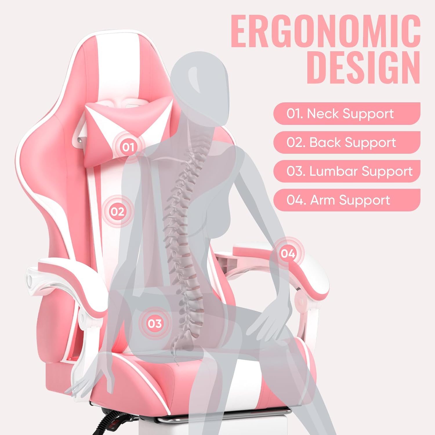 Ferghana Gaming Chairs, Ergonomic Racing Style PC Game Computer Chair with Headrest Lumbar Support Adjustable Recliner PU Leather Video Computer Chair(Pink)