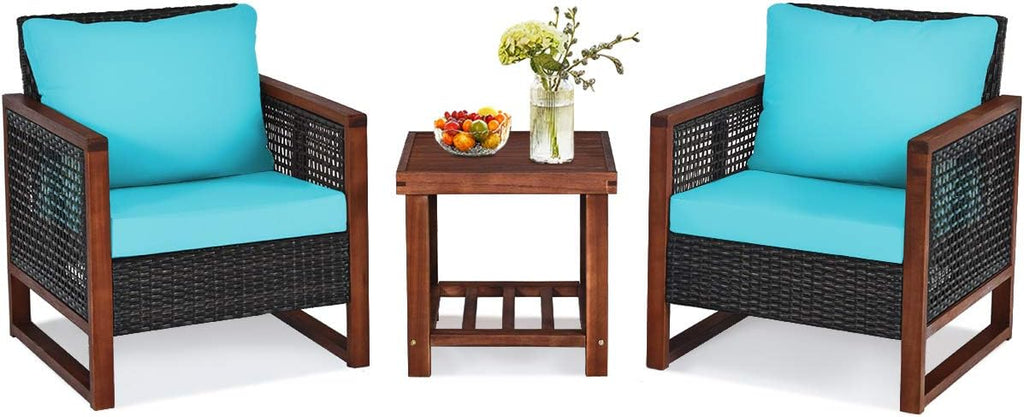 HAPPYGRILL 3 Pieces Outdoor Patio Furniture Set Wicker Chairs with Coffee Table, Balcony Porch Furniture Bistro Set with Acacia Wood Frame and Washable Cushions for Garden Poolside Backyard
