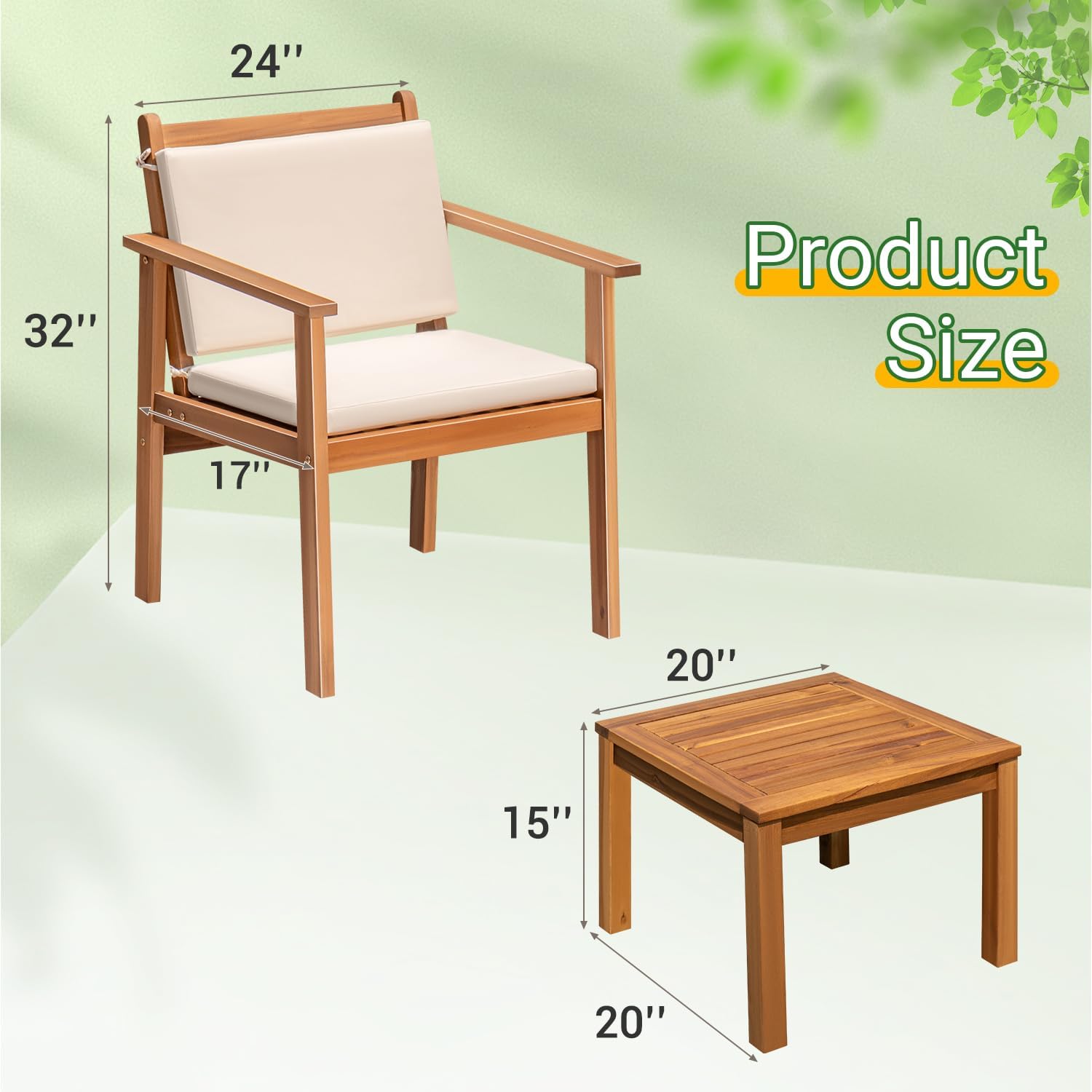 Greesum Outdoor Patio Furniture, 3 Piece Bistro Sofa Set with 1 Coffee Table and 2 Chairs, Acacia Wood Conversation Sets with Cushions, for Garden, Backyard, Poolside, White