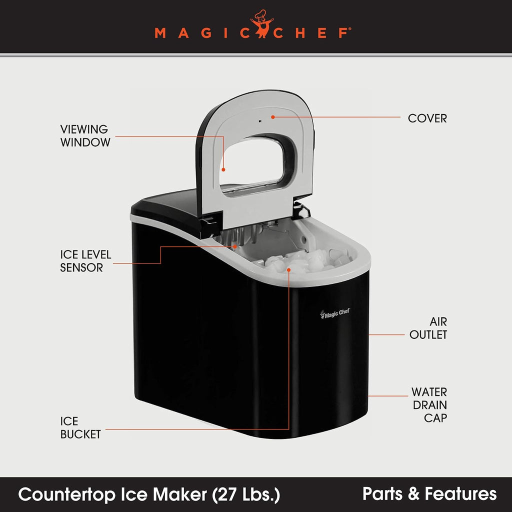 Magic Chef 27-Lb. Portable Ice Maker in Black, Tabletop Ice Maker for Kitchen, Apartment, Dorm, and Basement with Viewing Window, 2 Ice Cube Sizes, and Ice & Water Level Indicator Lights