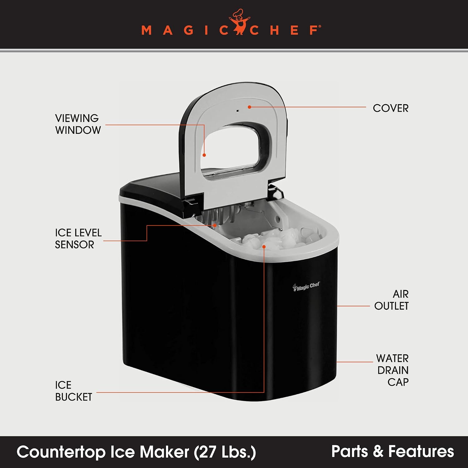Magic Chef 27-Lb. Portable Ice Maker in Black, Tabletop Ice Maker for Kitchen, Apartment, Dorm, and Basement with Viewing Window, 2 Ice Cube Sizes, and Ice & Water Level Indicator Lights