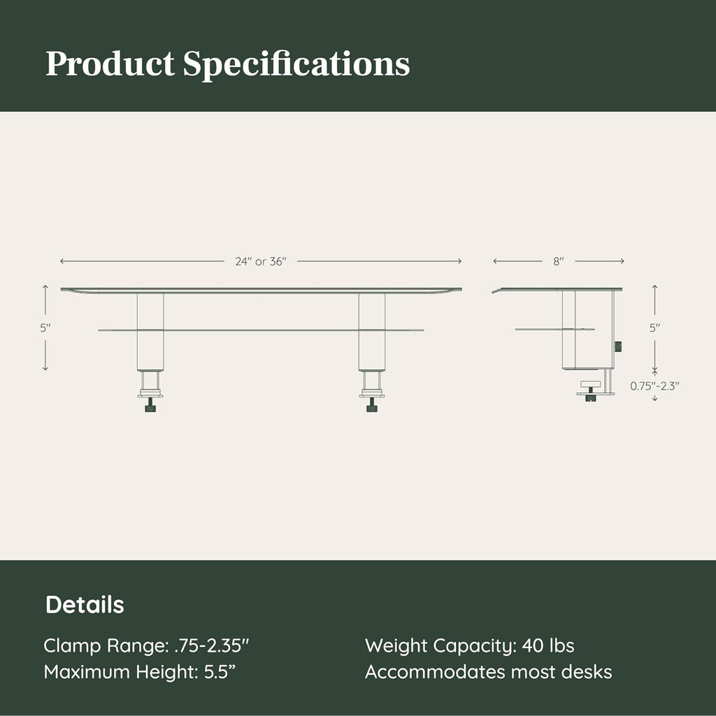 Branch Monitor Stand - Elegant, Durable Powder-Coated Steel Stand with Soft Felt Liner - Large Monitor Riser Second Tier Storage - Installs with a Universal Clamp for Ergonomic Workspace - White