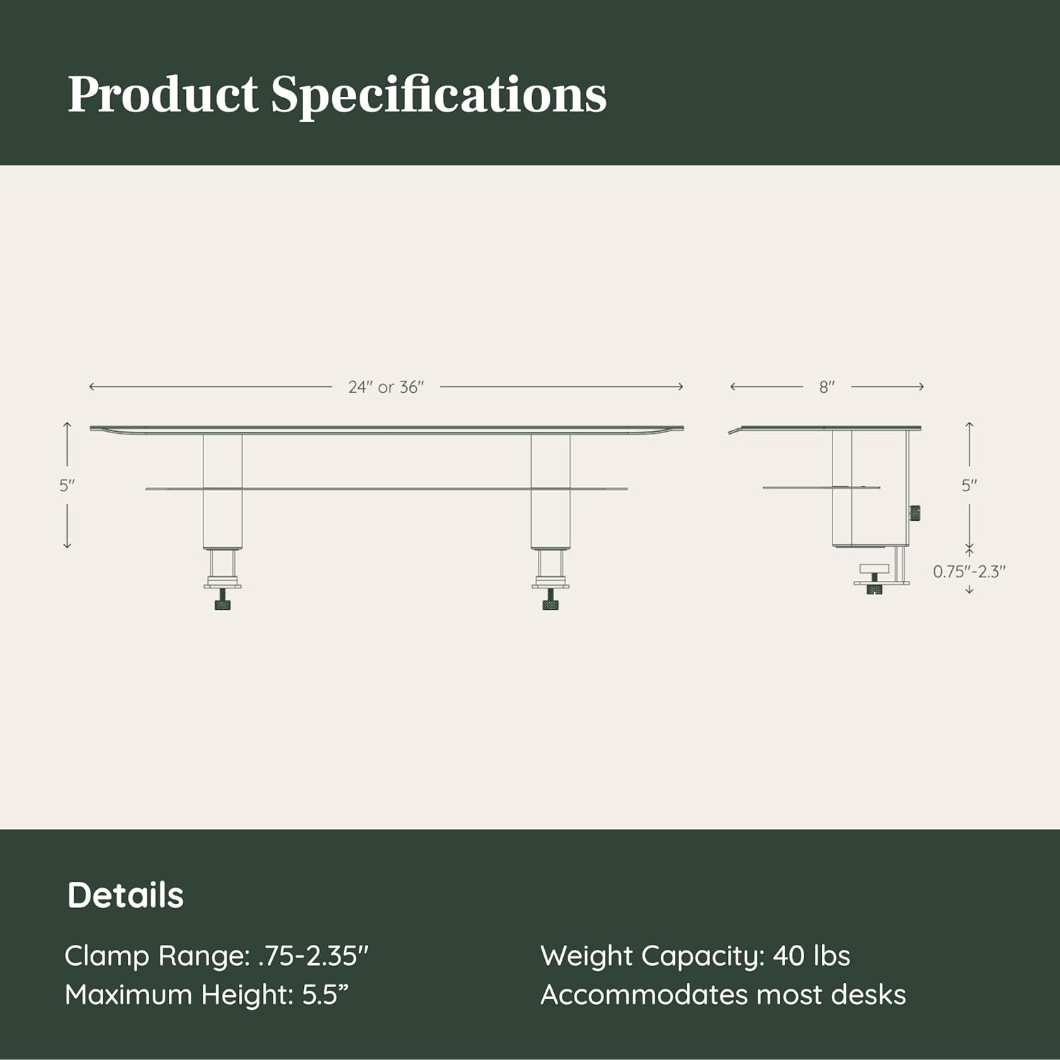 Branch Monitor Stand - Elegant, Durable Powder-Coated Steel Stand with Soft Felt Liner - Large Monitor Riser Second Tier Storage - Installs with a Universal Clamp for Ergonomic Workspace - White