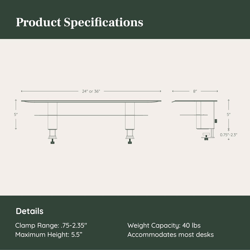 Branch Monitor Stand - Elegant, Durable Powder-Coated Steel Stand with Soft Felt Liner - Small Monitor Riser Second Tier Storage - Installs with a Universal Clamp for Ergonomic Workspace - White