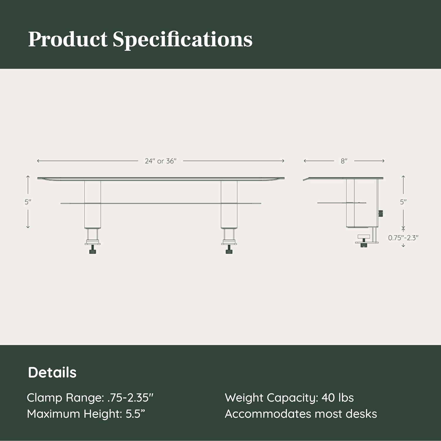 Branch Monitor Stand - Elegant, Durable Powder-Coated Steel Stand with Soft Felt Liner - Small Monitor Riser Second Tier Storage - Installs with a Universal Clamp for Ergonomic Workspace - White