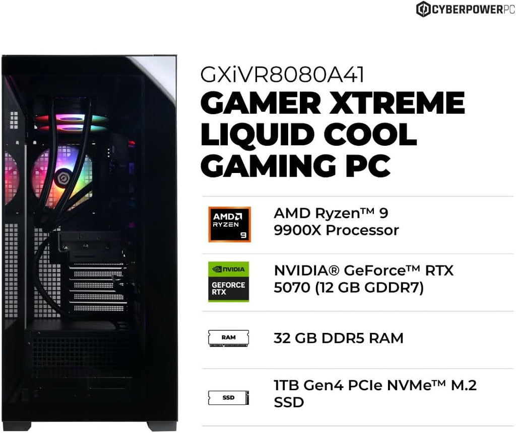 CyberPowerPC Gamer Xtreme Gaming PC, AMD Ryzen 9 9900X 4.4GHz, GeForce RTX 5070 12GB, 32GB DDR5, 1TB PCIe 4.0 SSD, WiFi Ready & Windows 11 Home (GXiVR8080A41)