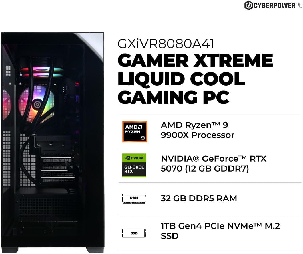 CyberPowerPC Gamer Xtreme Gaming PC, AMD Ryzen 9 9900X 4.4GHz, GeForce RTX 5070 12GB, 32GB DDR5, 1TB PCIe 4.0 SSD, WiFi Ready & Windows 11 Home (GXiVR8080A41)
