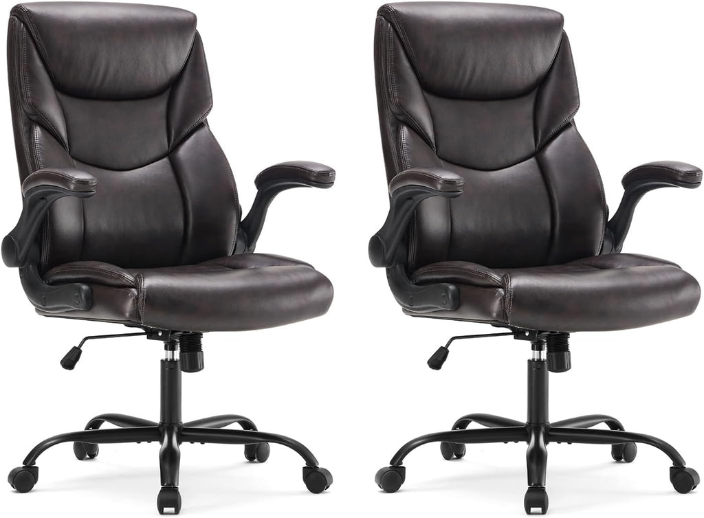 DUMOS Office Chair Set of 2 - Ergonomic Executive Computer Desk Chairs with Adjustable Flip-up Armrest, Swivel Task Chair with Lumbar Support, Strong Metal Base, PU Leather, Brown