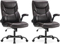 DUMOS Office Chair Set of 2 - Ergonomic Executive Computer Desk Chairs with Adjustable Flip-up Armrest, Swivel Task Chair with Lumbar Support, Strong Metal Base, PU Leather, Brown