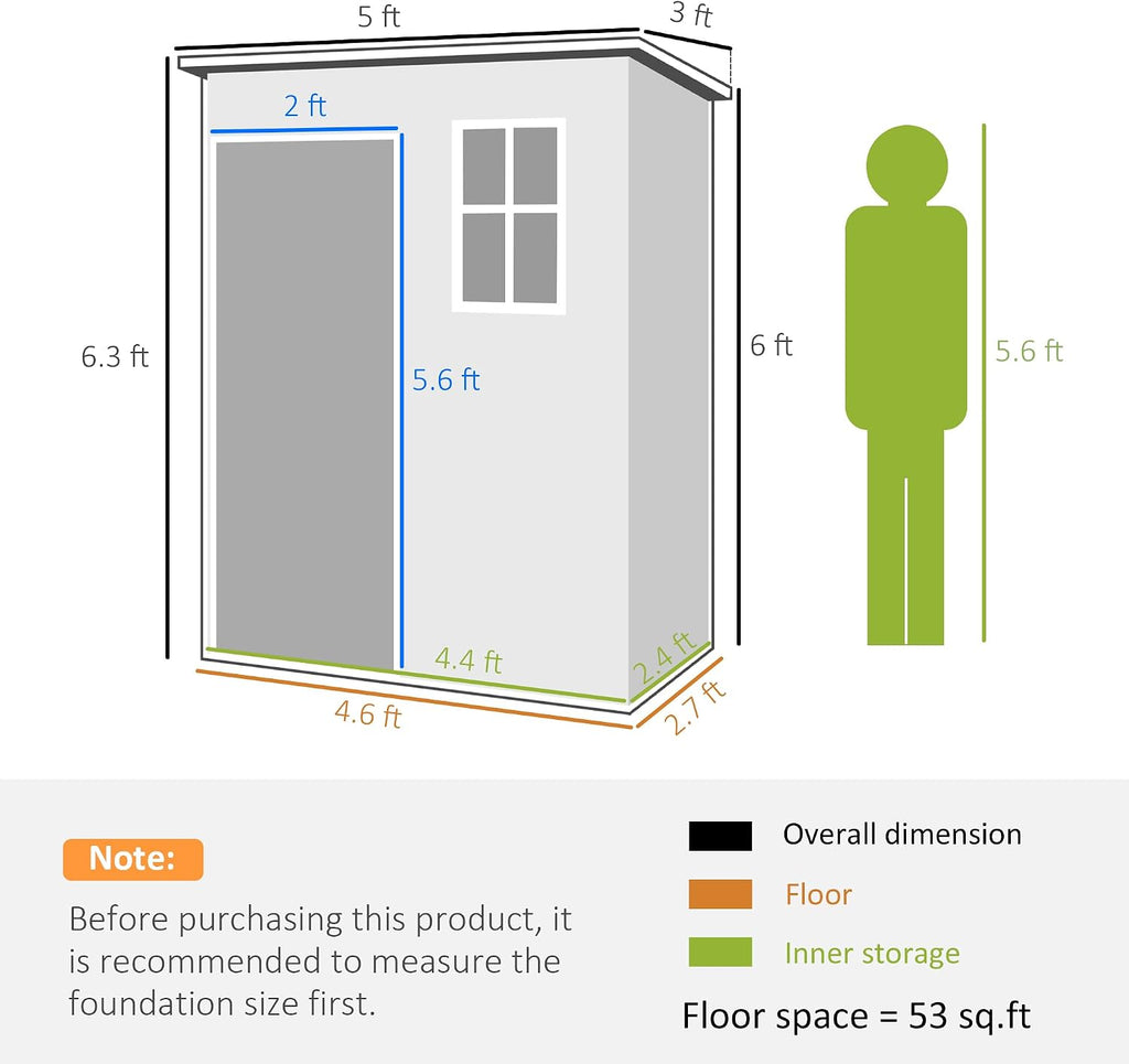 Outsunny 5' x 3' Outdoor Storage Shed, Waterproof Resin Plastic Shed with Floor, Window, Lockable Door and Vents, All-Weather Garden Tool Shed for Backyard, Patio, Lawn, Gray