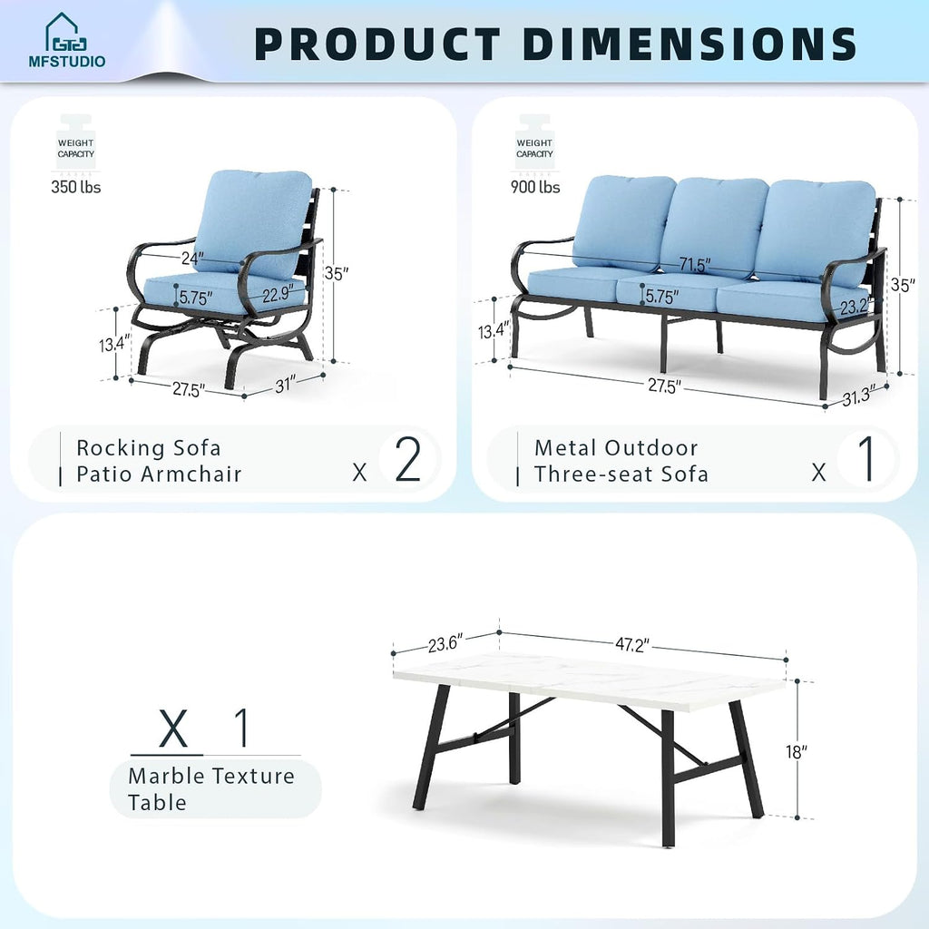 MFSTUDIO 4 Pieces Patio Conversation Sets(5 Seat),Outdoor Metal Furniture Sofas with 1 Loveseat(3 Seat), 2 Rocking Chairs,1 Coffee Table,Wrought Iron with Blue Cushion for Patio Courtyard Balcony