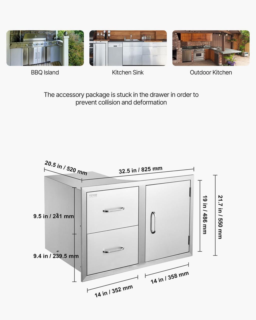 VEVOR Outdoor Kitchen Door Drawer Combo, 32.5'Wx21.7'Hx20.5'D, Access Door Double Drawers with Paper Towel Rack, BBQ Island Drawers with Stainless Steel Handles, 30.7'Wx20'Hx21'D Cutout Size