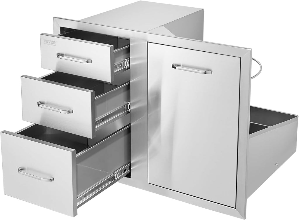 VEVOR Stainless Steel Cabinet, Outdoor Kitchen Door Drawer Combo 29.5' W x 22.6' H x 21.7' D, Access Door/Triple Drawers, Propane Drawer, Adjustable Garbage Ring, BBQ Island Patio Grill Station