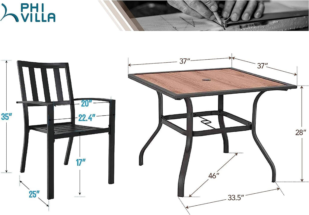 PHI VILLA 5 Pieces Outdoor Dining Set for 4, 37' Square Metal Table with Polywood Top & Stackable Wrought Iron Chairs, Outside Furniture Set for Patio, Deck, Backyard, Porch