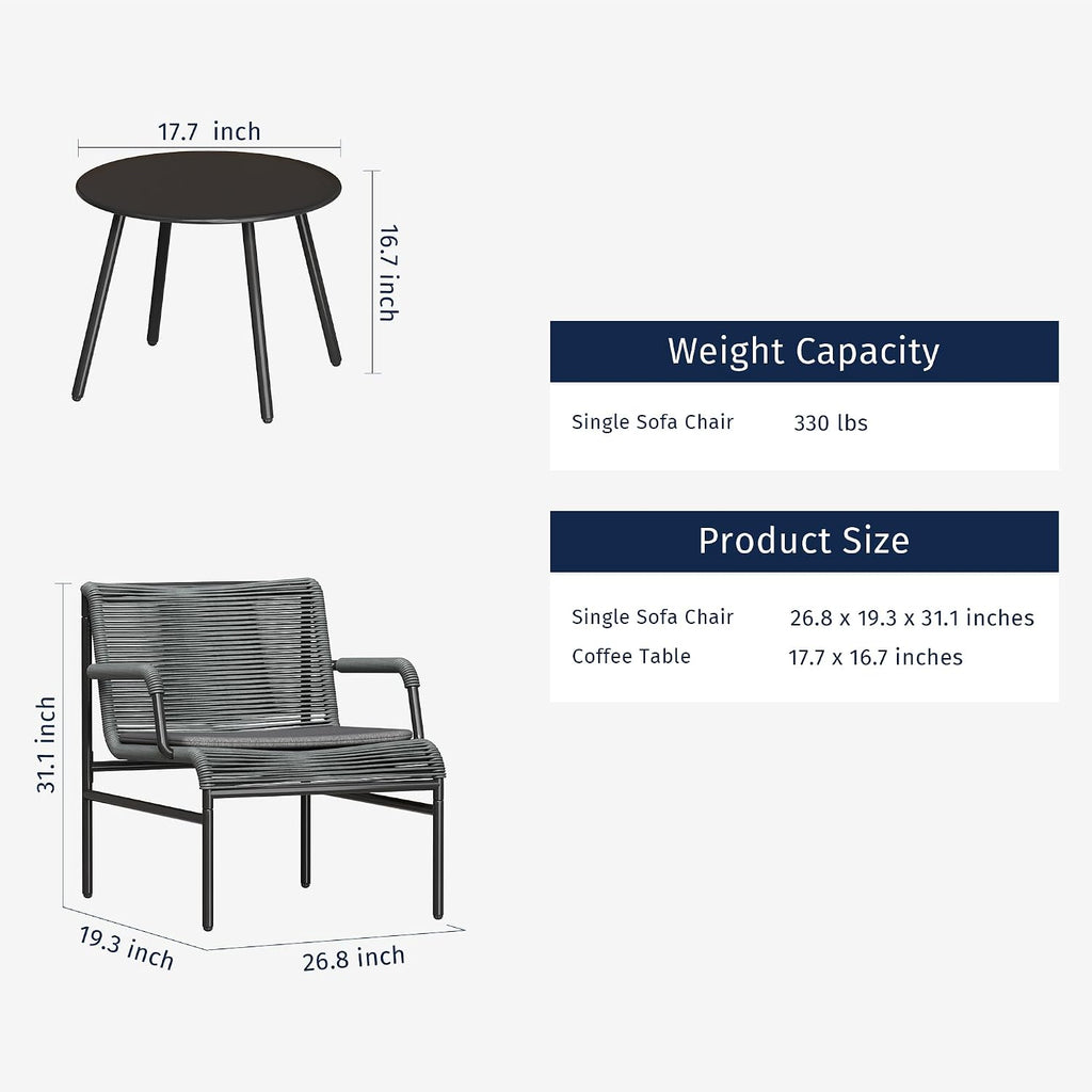 East Oak 3-Piece Patio Furniture Set, Outdoor Bistro Set with PE Rattan Wicker Wide Chairs, Soft Pads & Coffee Table, Modern All-Weather Wicker Patio Set for Garden and Porch, Misty Grey