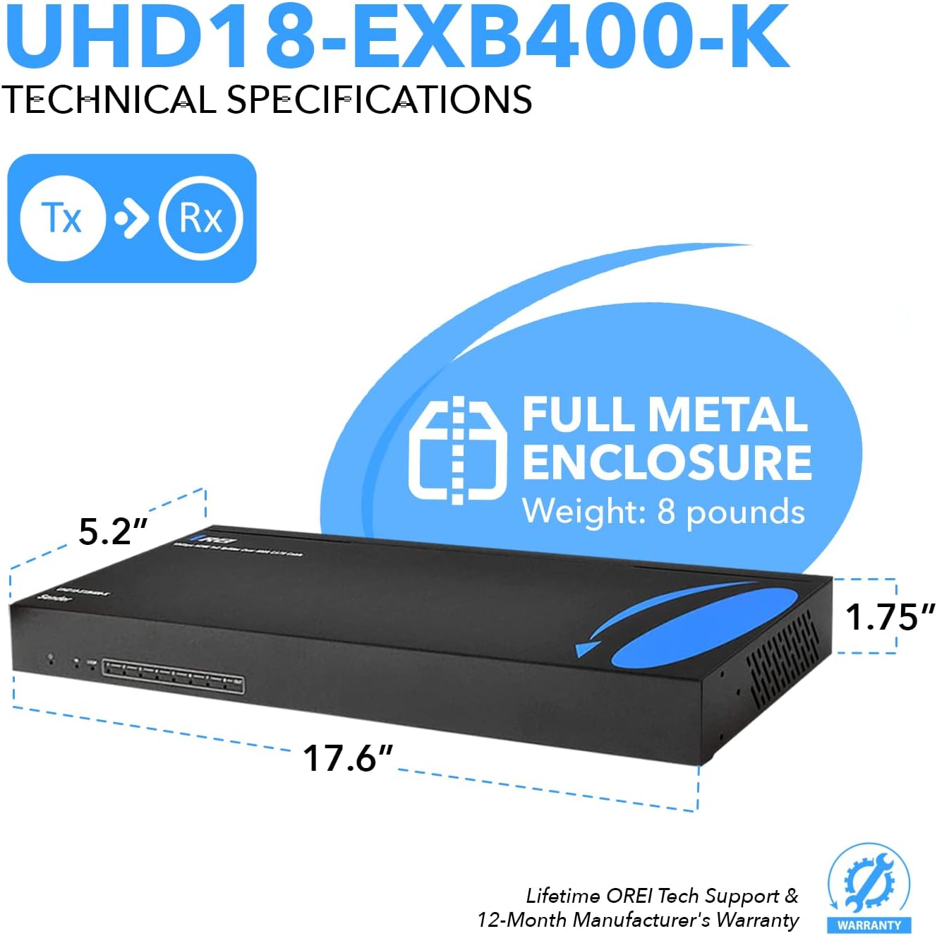 OREI 1x8 HDMI Extender Splitter HDBaseT, Multiple Over Single Cable CAT6/7 4K@60Hz 4:4:4 HDCP 2.2 with IR Remote EDID Management, HDR - Up to 400 Ft - Loop Out - Low Latency - (UHD18-EXB400-K)