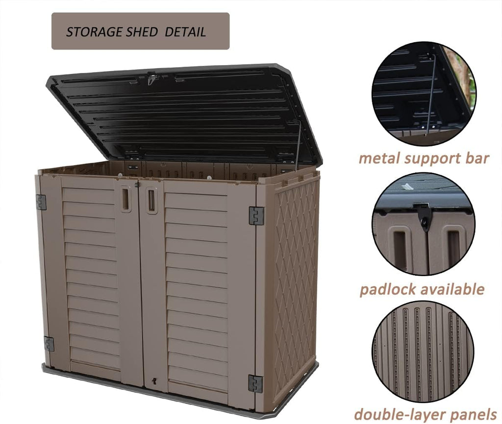 Mrosaa Horizontal Resin Storage Shed, 34 Horizontal Cu.ft Outdoor Storage Cabinet Waterproof for Garden/Backyard/Home/Pool, Lockable(34 Cu.ft-Brown)