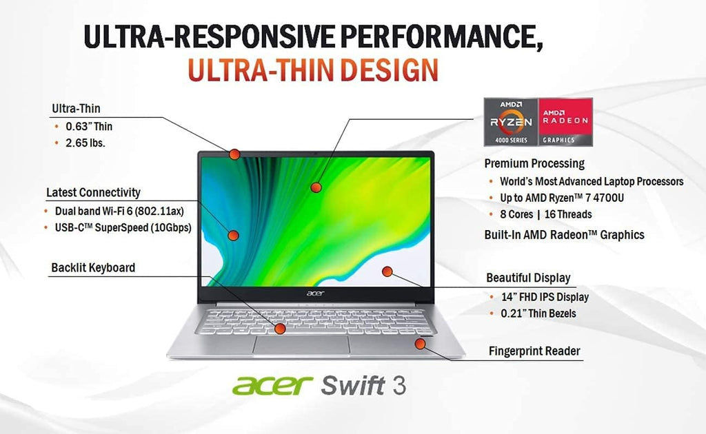 Acer Swift 3 Thin & Light Laptop, 14' Full HD IPS, AMD Ryzen 7 4700U Octa-Core with Radeon Graphics, 8GB LPDDR4, 512GB NVMe SSD, Wi-Fi 6, Backlit KB, Fingerprint Reader, Alexa Built-in